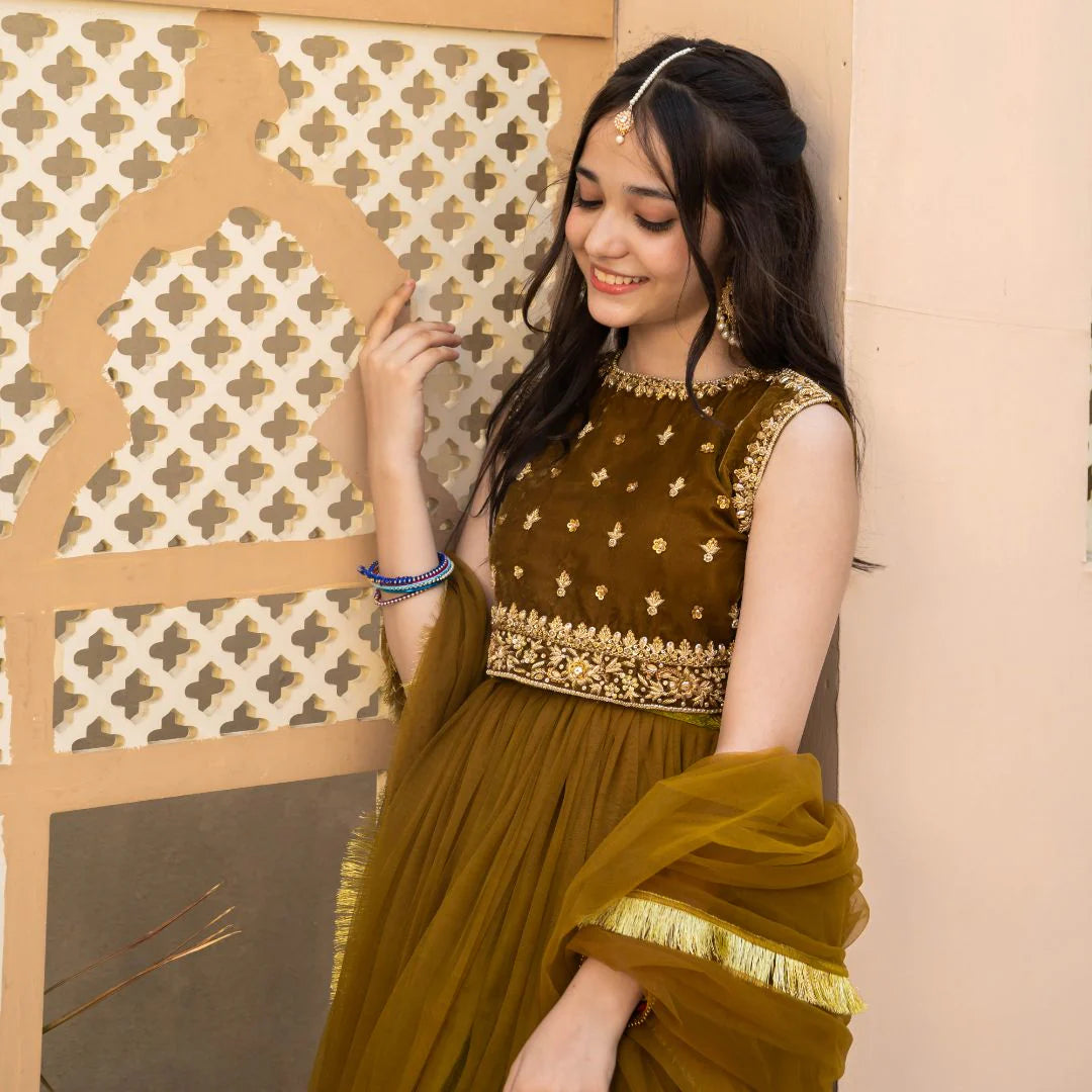 Jasmine | Girls Green Embellished Velvet Lehenga Choli