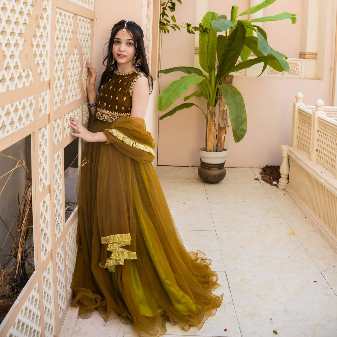 Jasmine | Girls Green Embellished Velvet Lehenga Choli