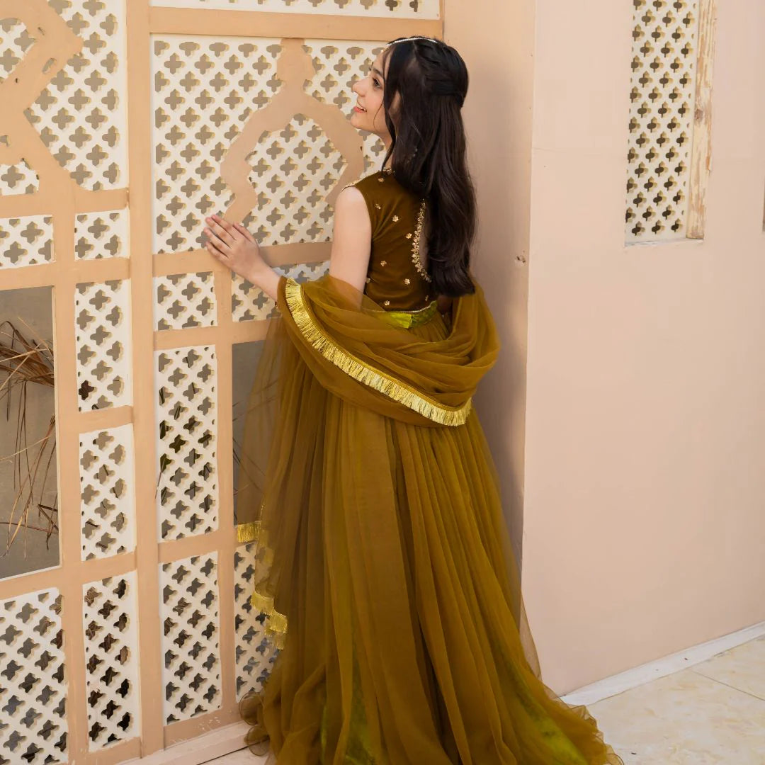 Jasmine | Girls Green Embellished Velvet Lehenga Choli
