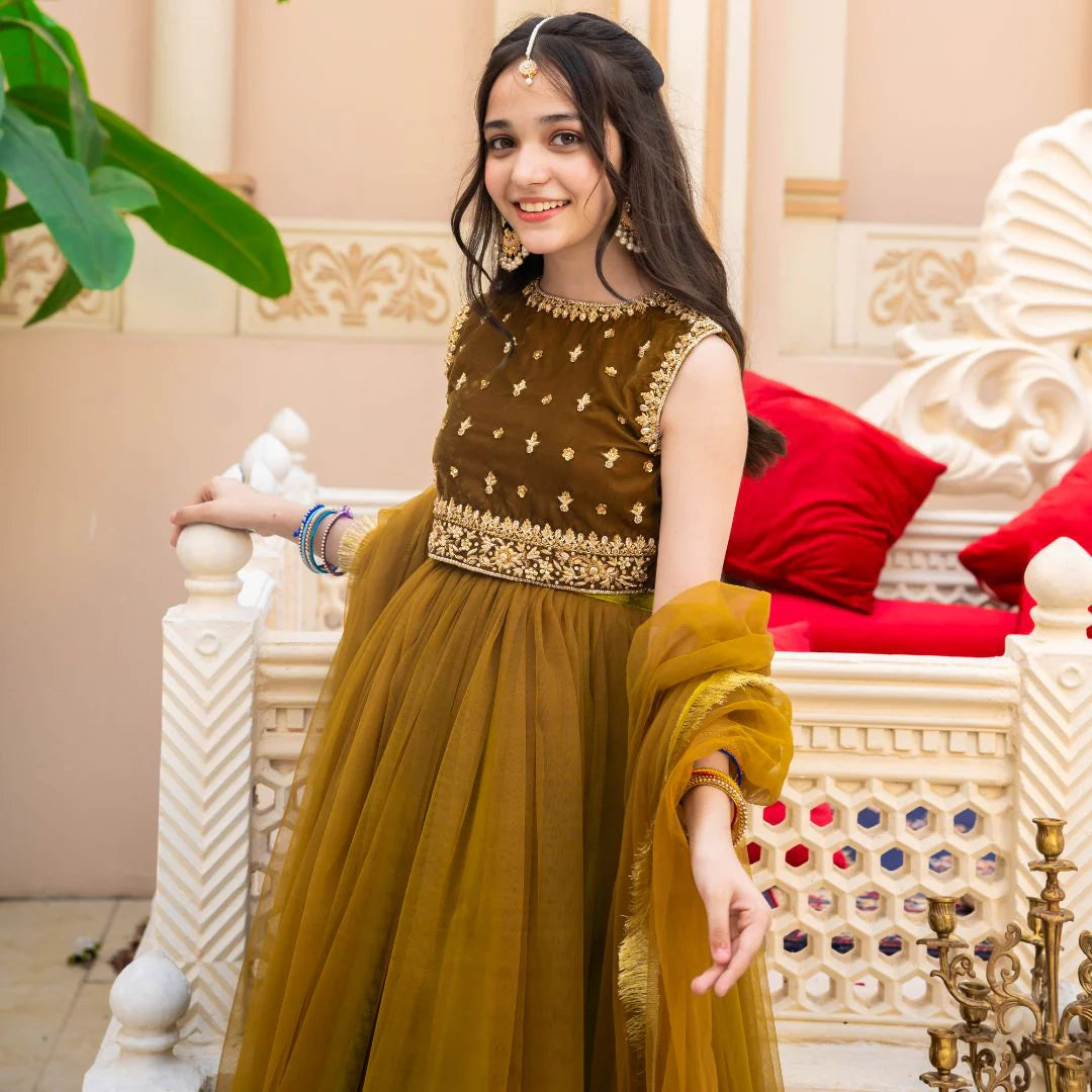 Jasmine | Girls Green Embellished Velvet Lehenga Choli