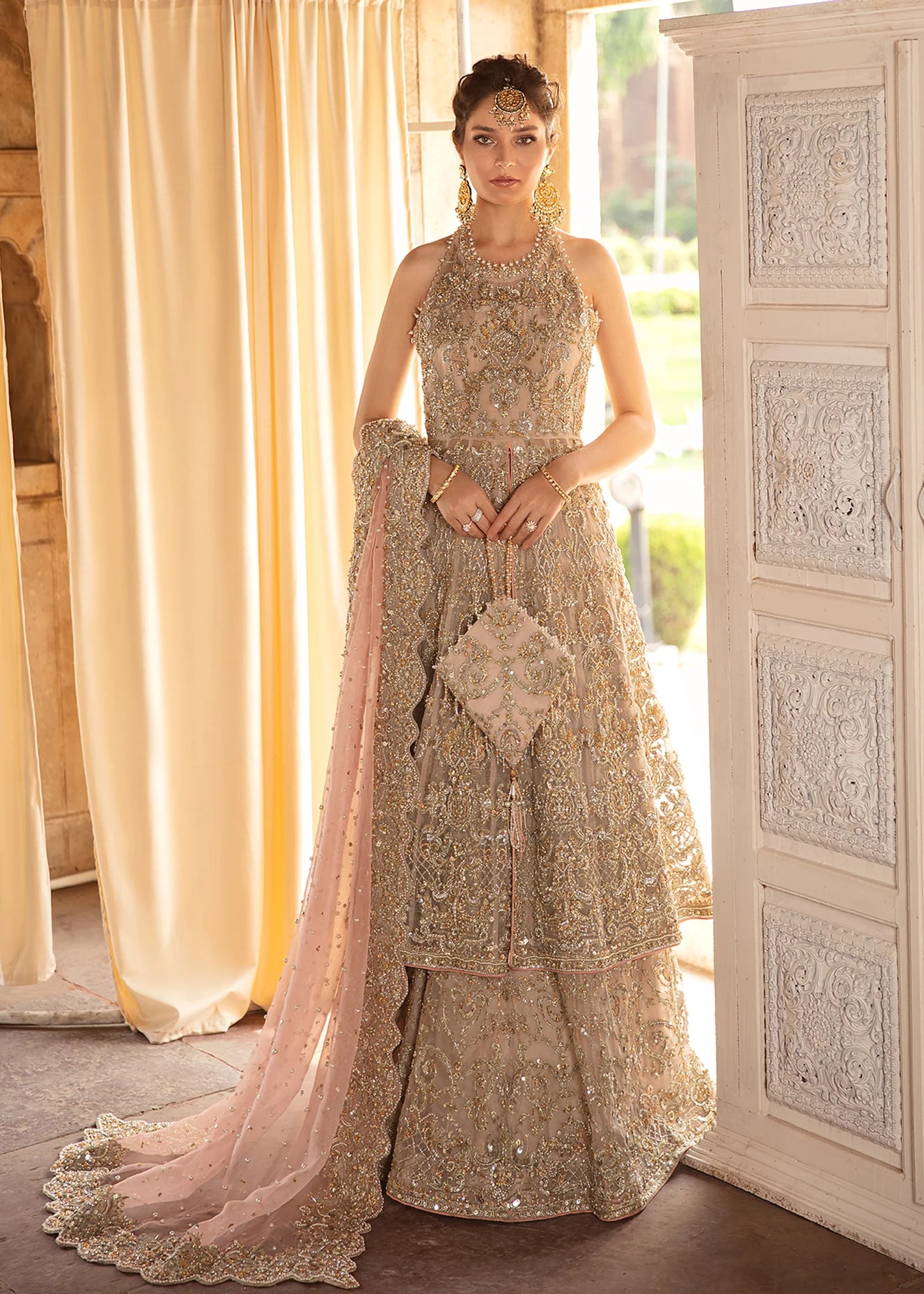 Jiya | Nude Hand Embellished Front Open Organza Bridal Gown