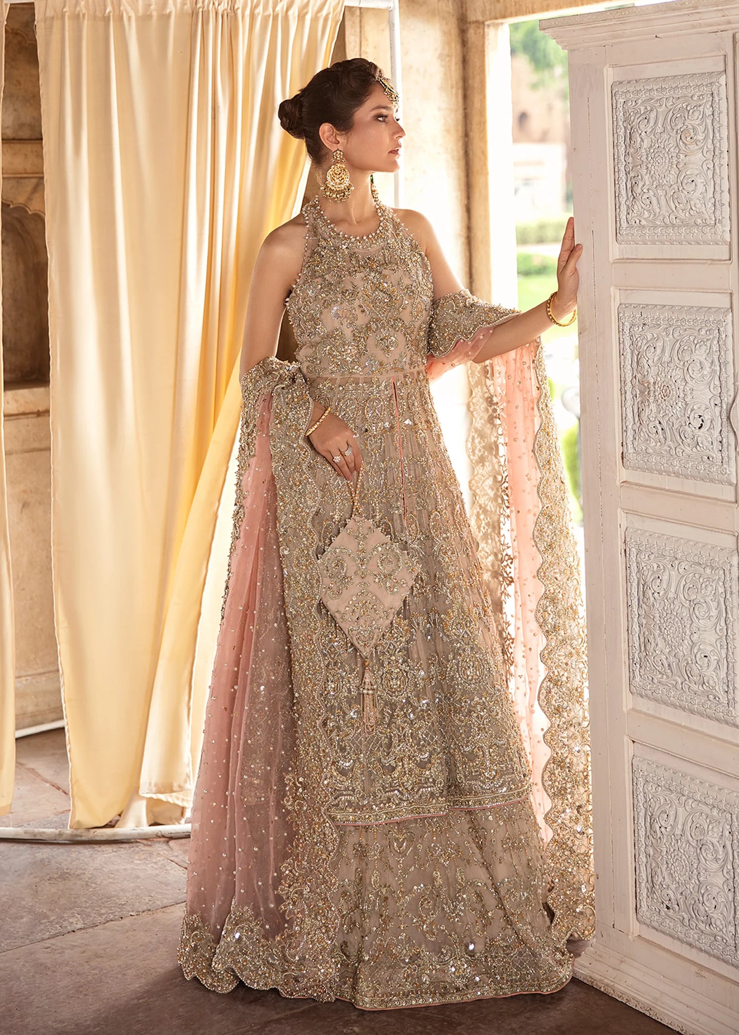 Jiya | Nude Hand Embellished Front Open Organza Bridal Gown