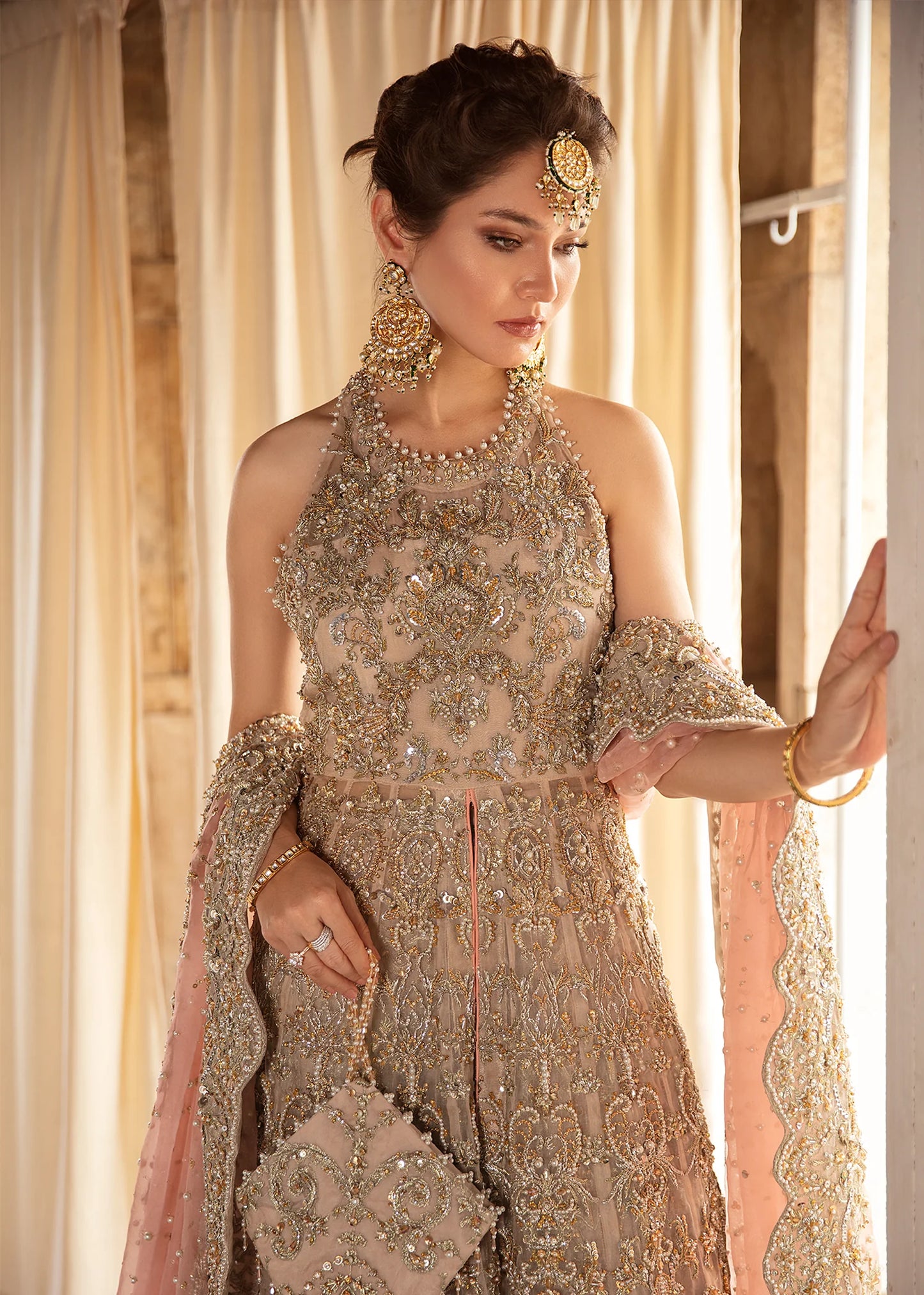 Jiya | Nude Hand Embellished Front Open Organza Bridal Gown