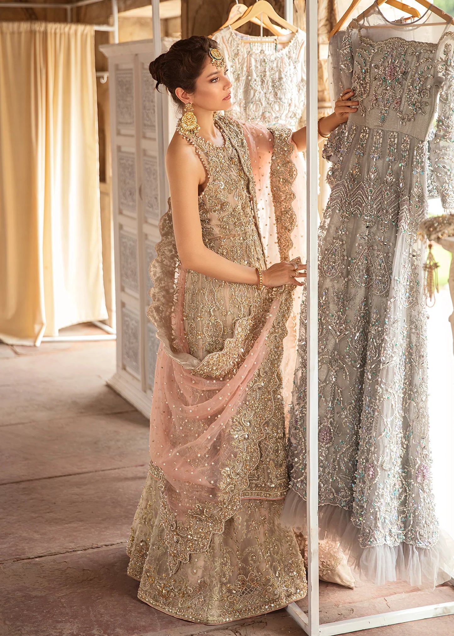 Jiya | Nude Hand Embellished Front Open Organza Bridal Gown