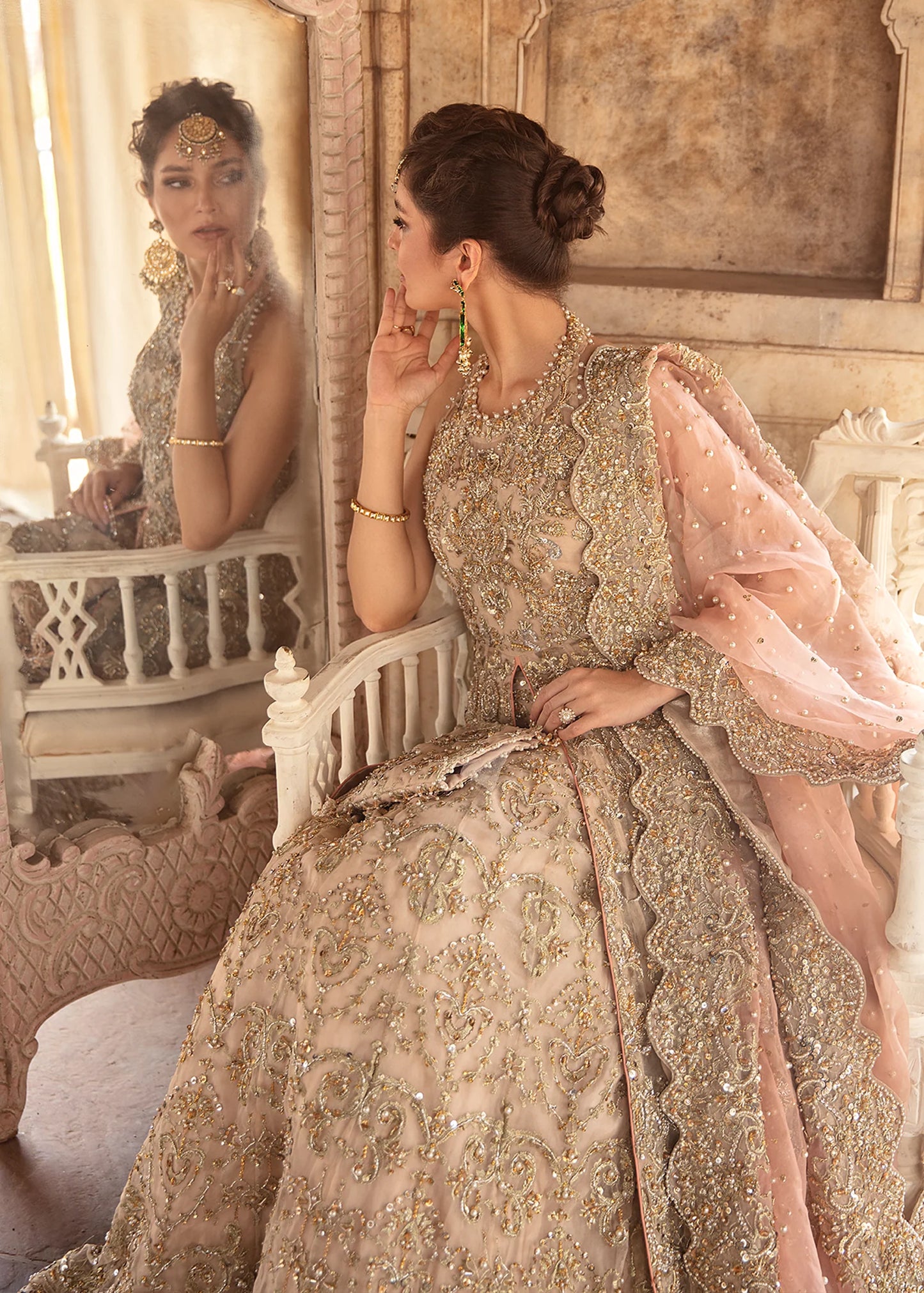 Jiya | Nude Hand Embellished Front Open Organza Bridal Gown