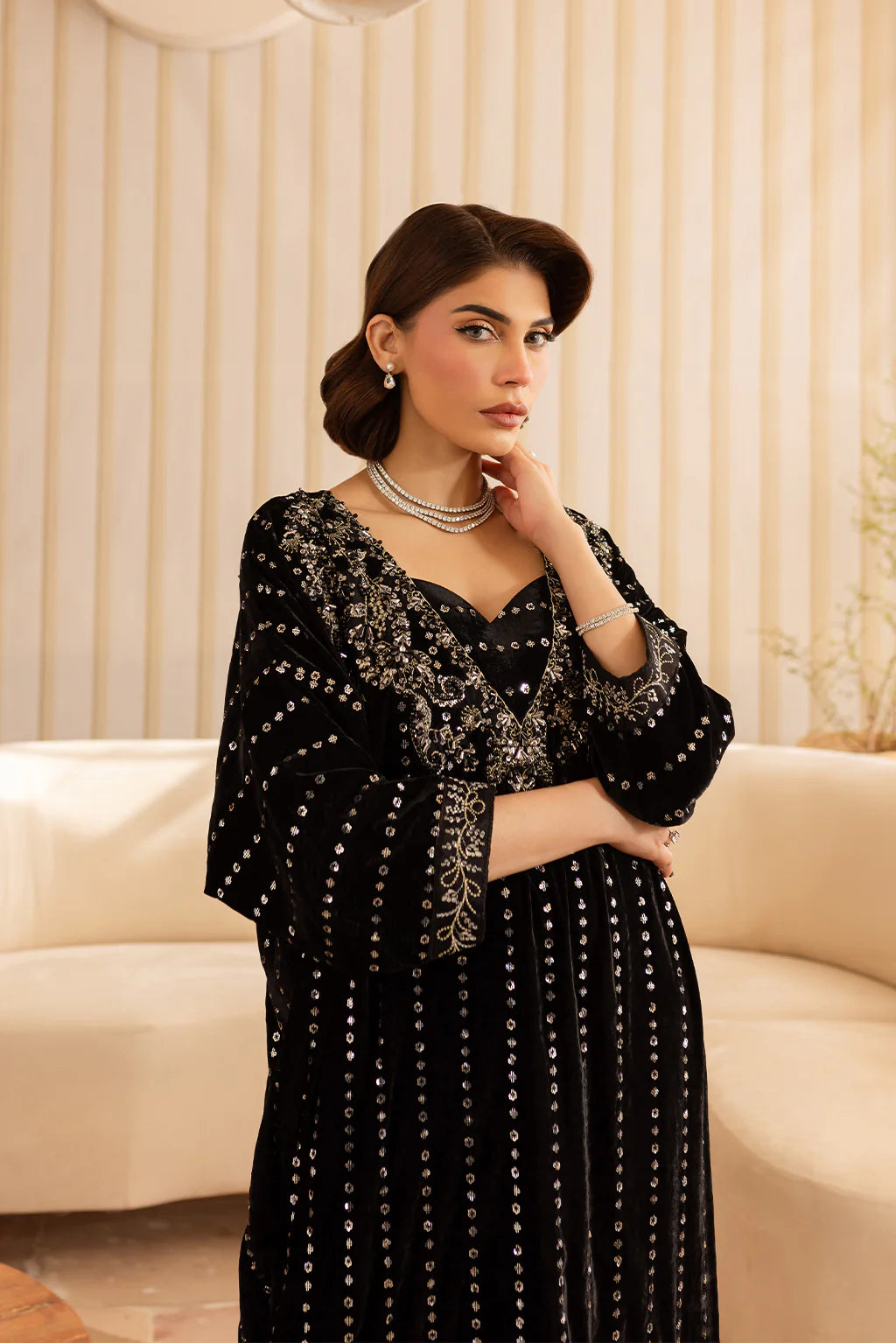 Kavi | Black Silk Embellished Kaftan