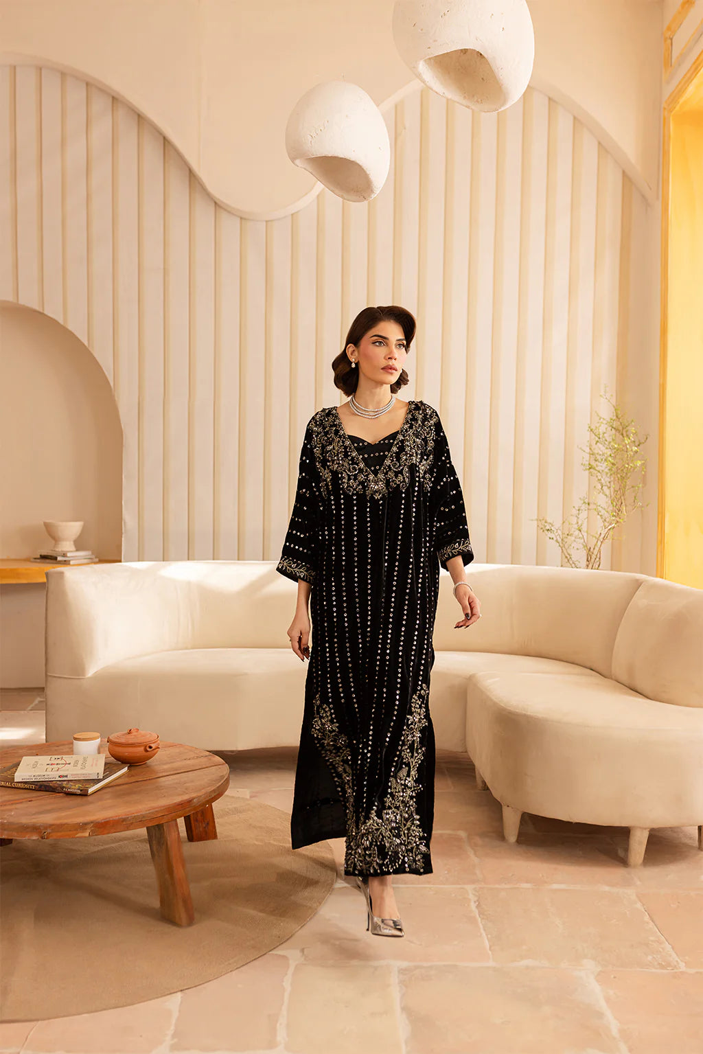 Kavi | Black Silk Embellished Kaftan
