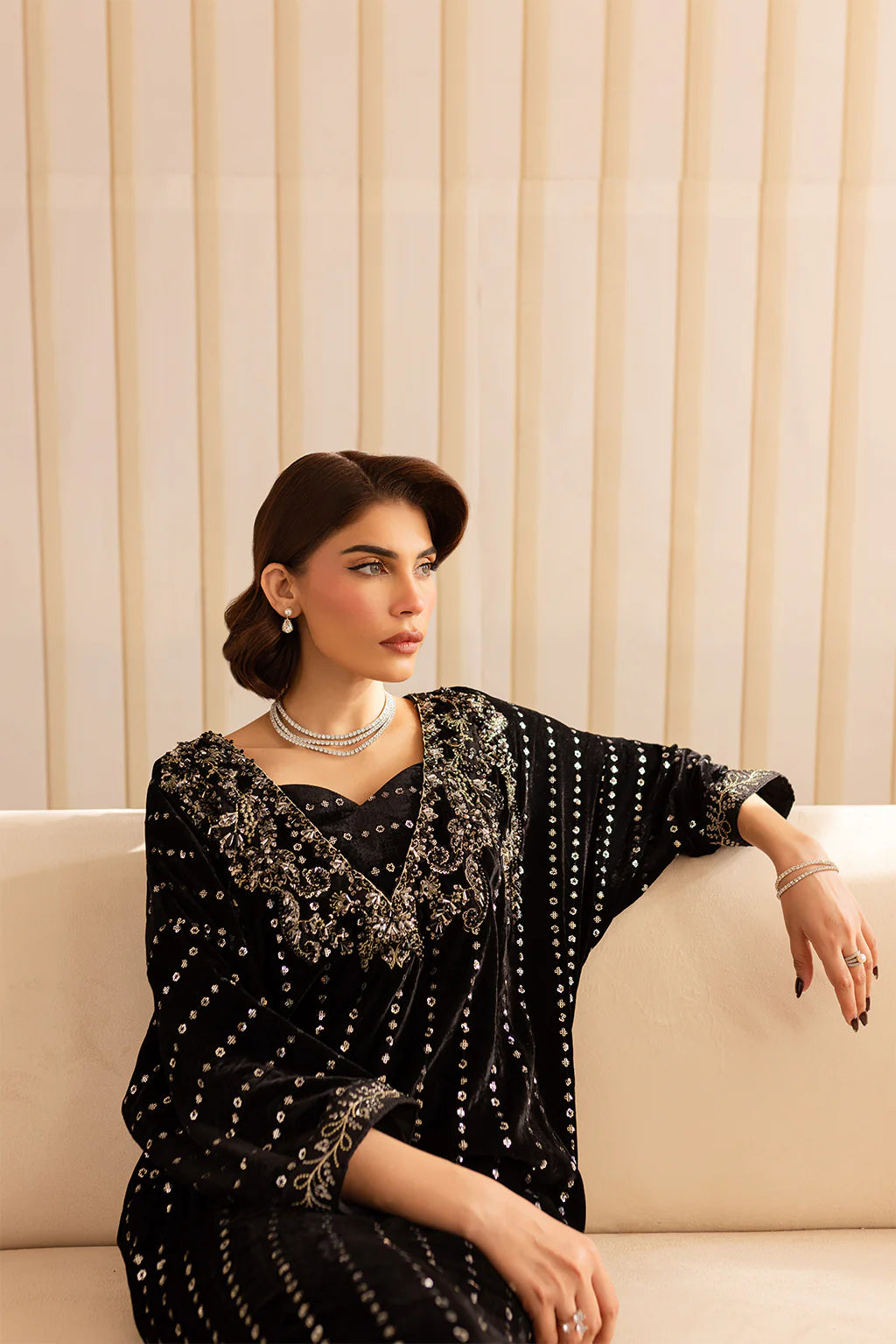 Kavi | Black Silk Embellished Kaftan