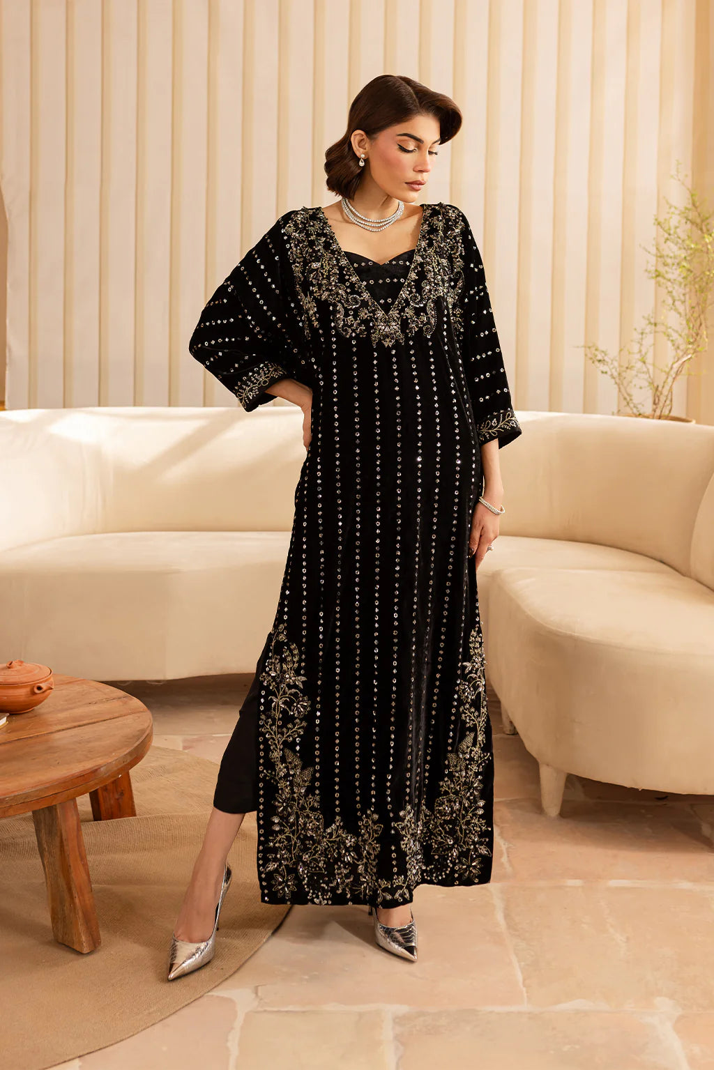 Kavi | Black Silk Embellished Kaftan