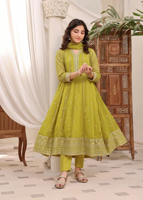 Kashish | Girls Green Chiffon Embroidered Pishwas