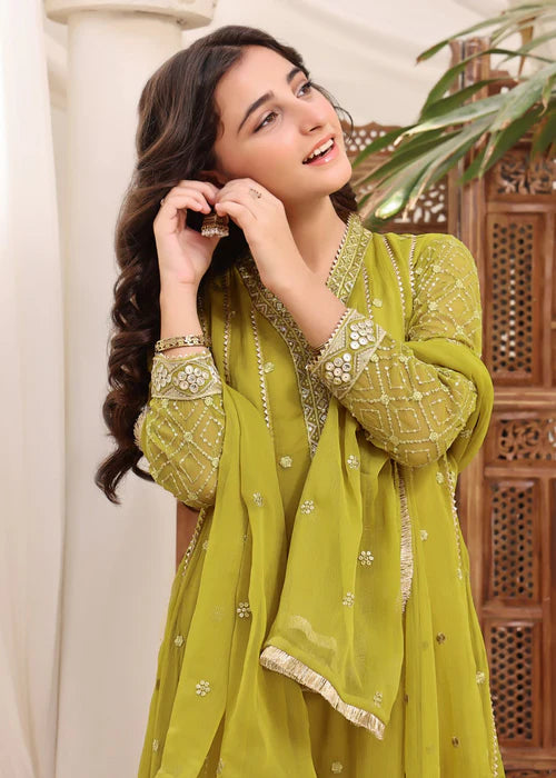 Kashish | Girls Green Chiffon Embroidered Pishwas
