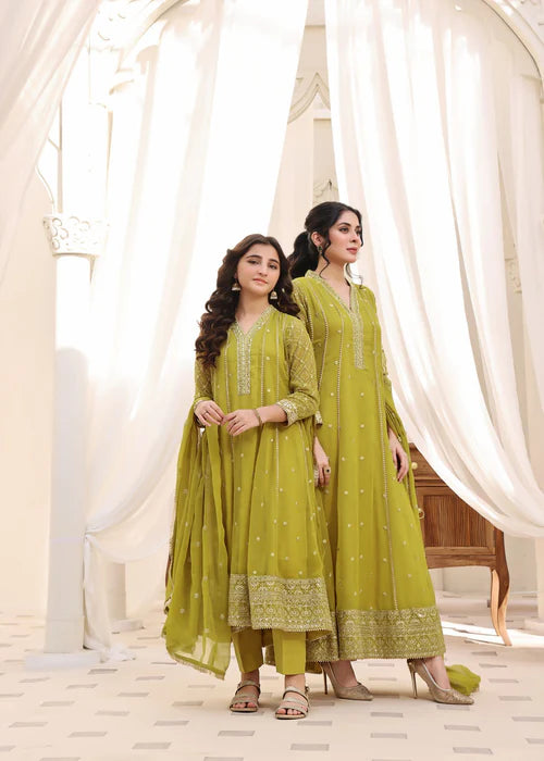 Kashish | Girls Green Chiffon Embroidered Pishwas