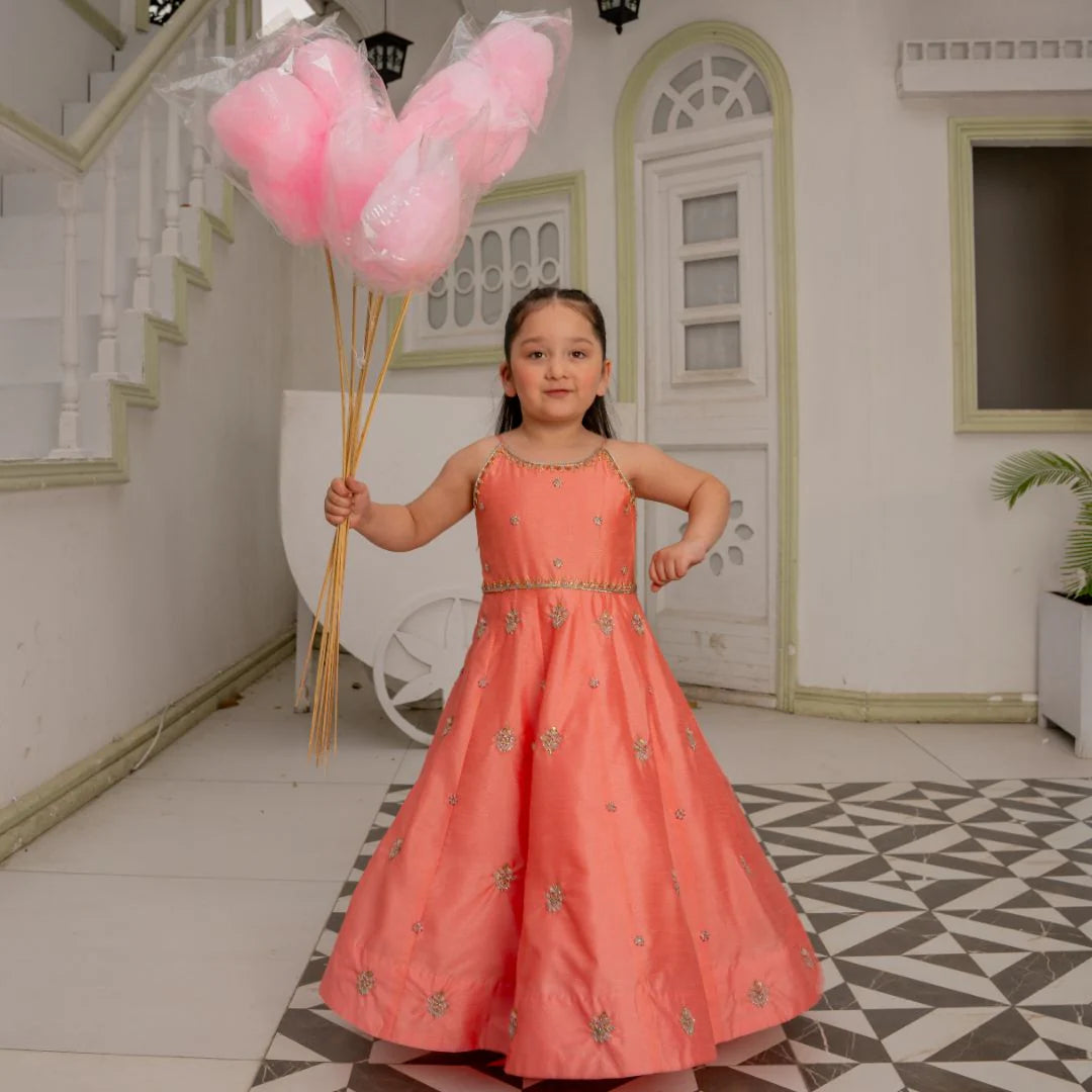 Khola | Girls Peach Pink Raw Silk Embellished Maxi