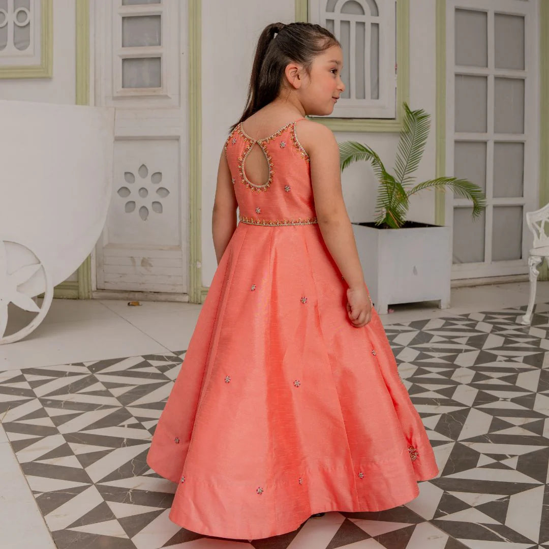 Khola | Girls Peach Pink Raw Silk Embellished Maxi
