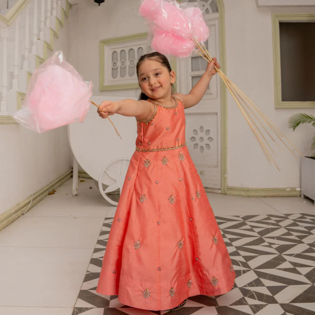 Khola | Girls Peach Pink Raw Silk Embellished Maxi