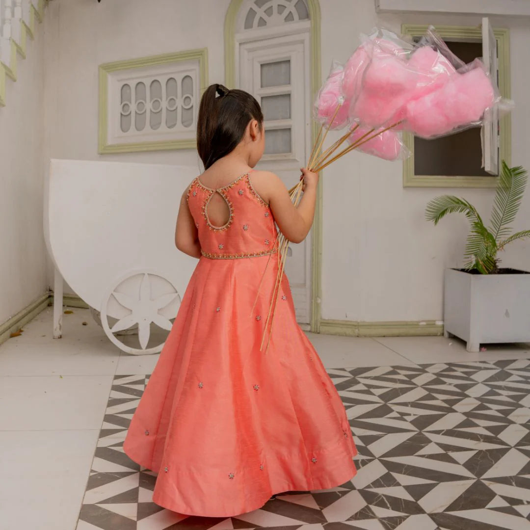 Khola | Girls Peach Pink Raw Silk Embellished Maxi
