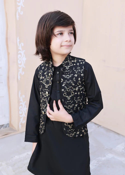3 Piece | Boys Black Leaf Embroidered Waistcoat Set