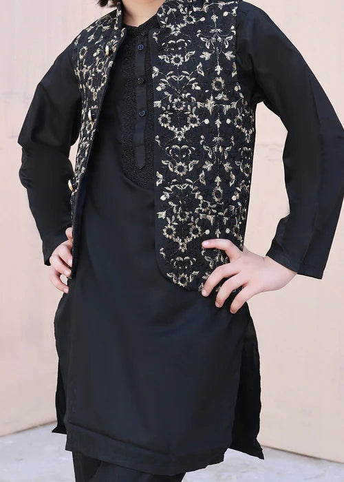 3 Piece | Boys Black Leaf Embroidered Waistcoat Set