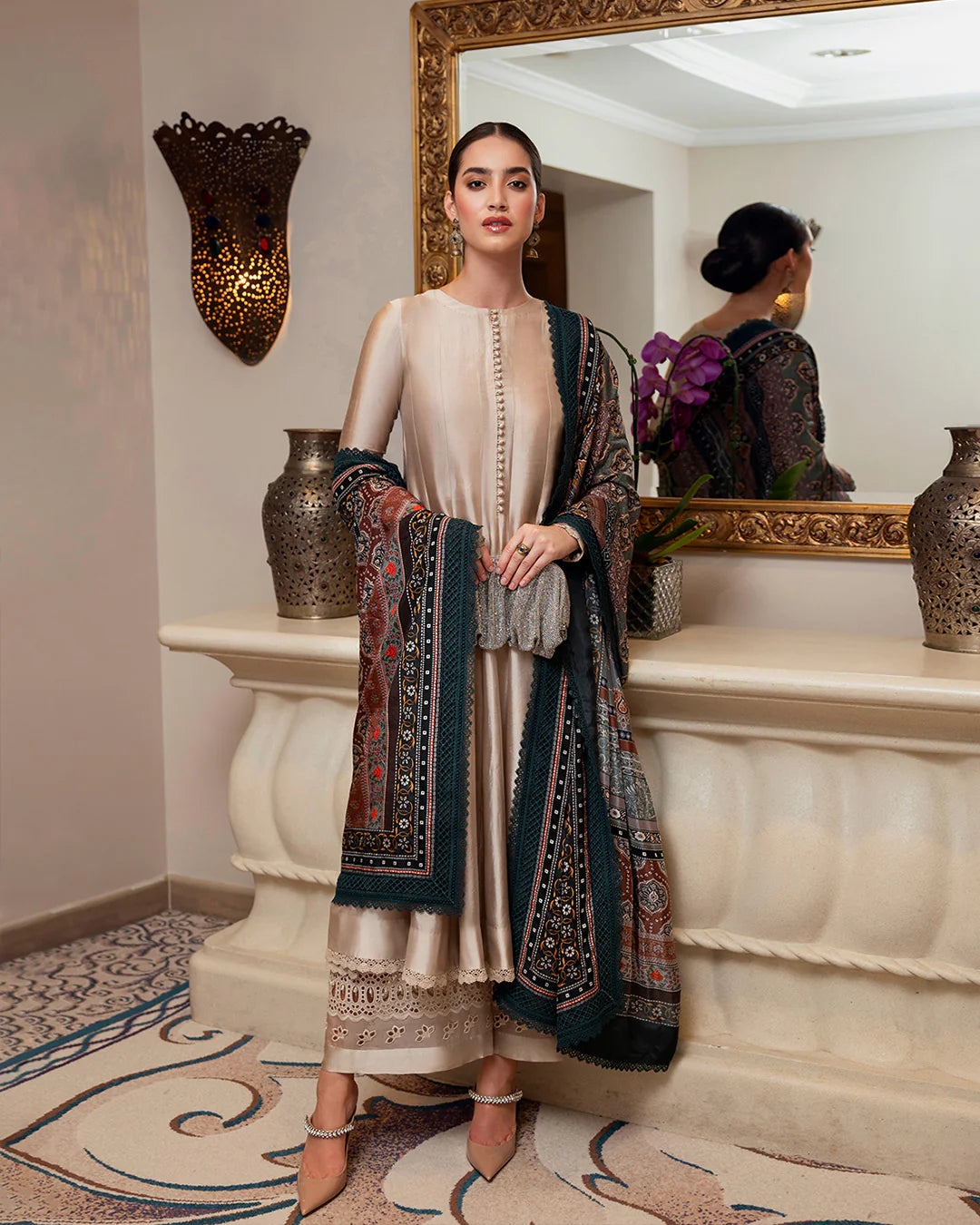 Faiza Saqlain | Gold Embroidered Embellished Silk Culottes