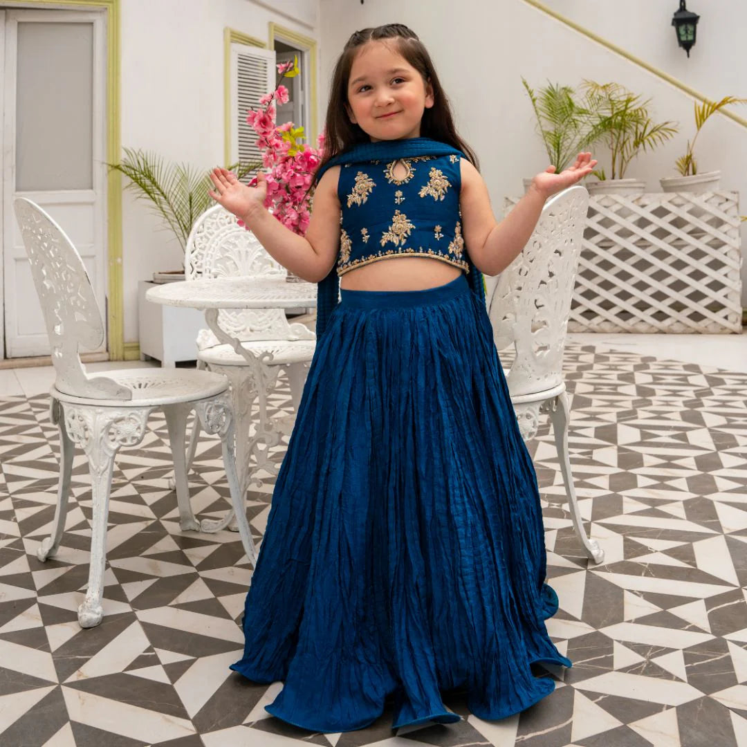 Linta | Girls Blue Raw Silk Crush Lehenga choli