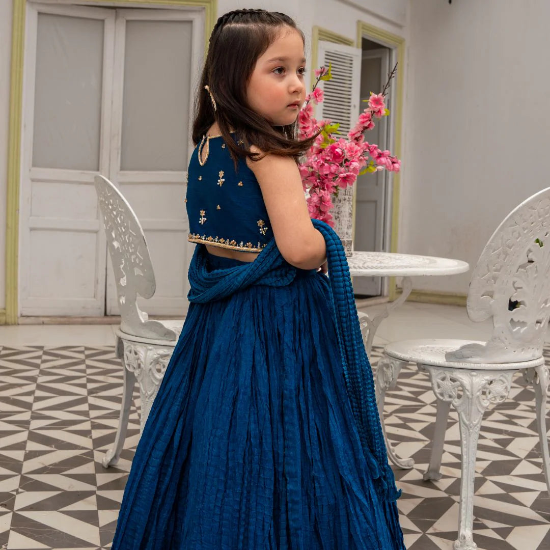 Linta | Girls Blue Raw Silk Crush Lehenga choli