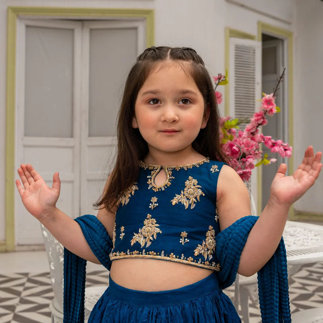 Linta | Girls Blue Raw Silk Crush Lehenga choli