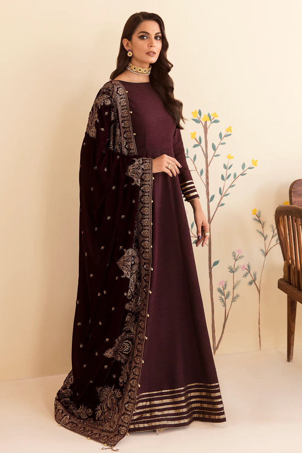 Preet | Deep Red Embroidered Pure Velvet Dress