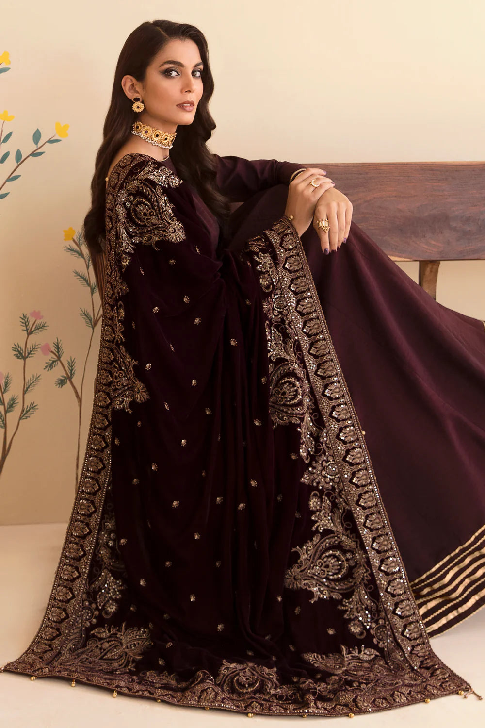 Preet | Deep Red Embroidered Pure Velvet Dress