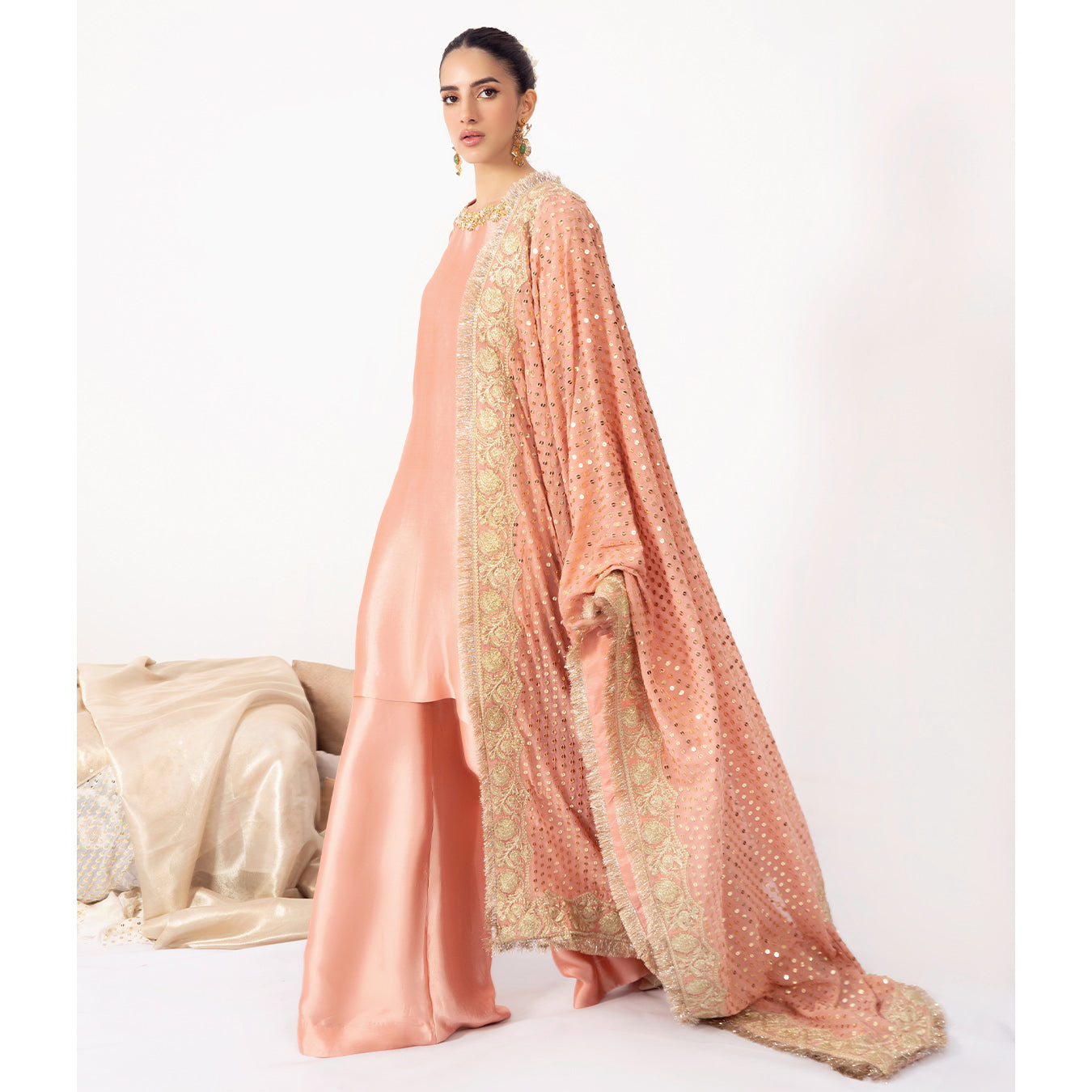 MANHA | Peach Embellished Silk Kalidar Pishwas