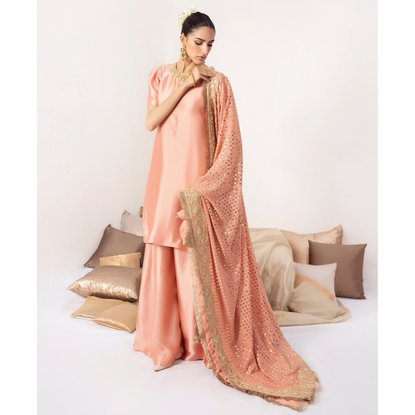 MANHA | Peach Embellished Silk Kalidar Pishwas