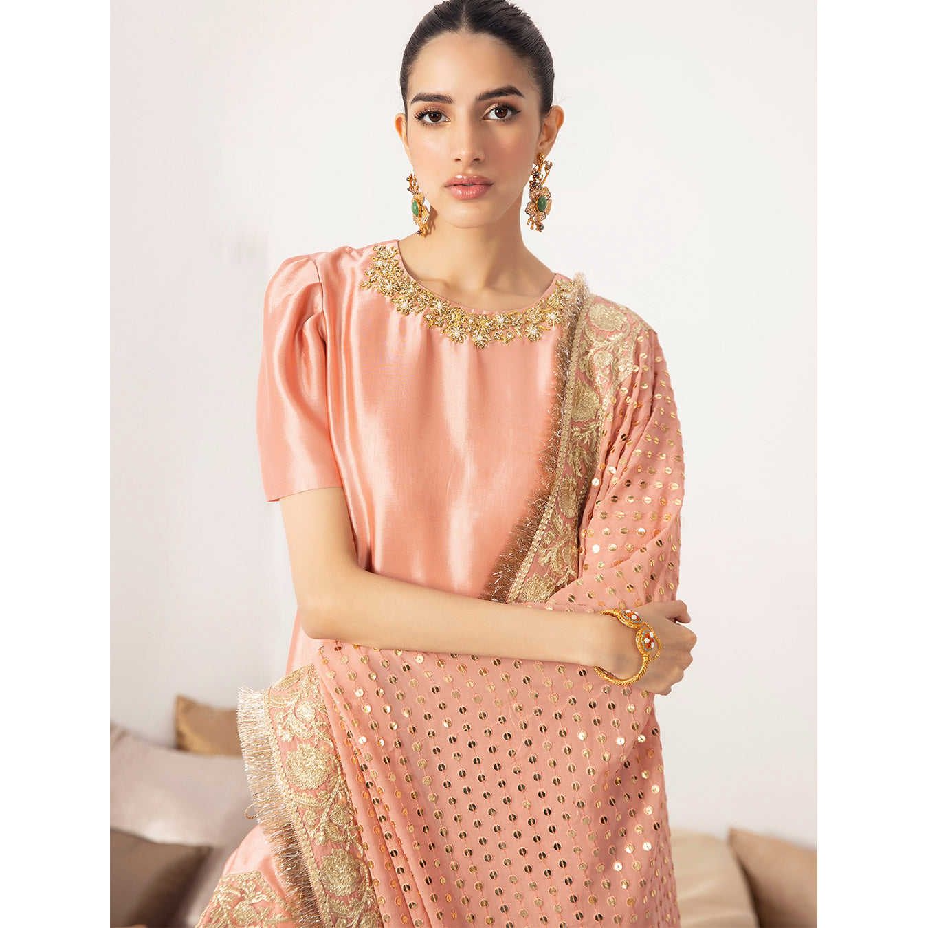 MANHA | Peach Embellished Silk Kalidar Pishwas