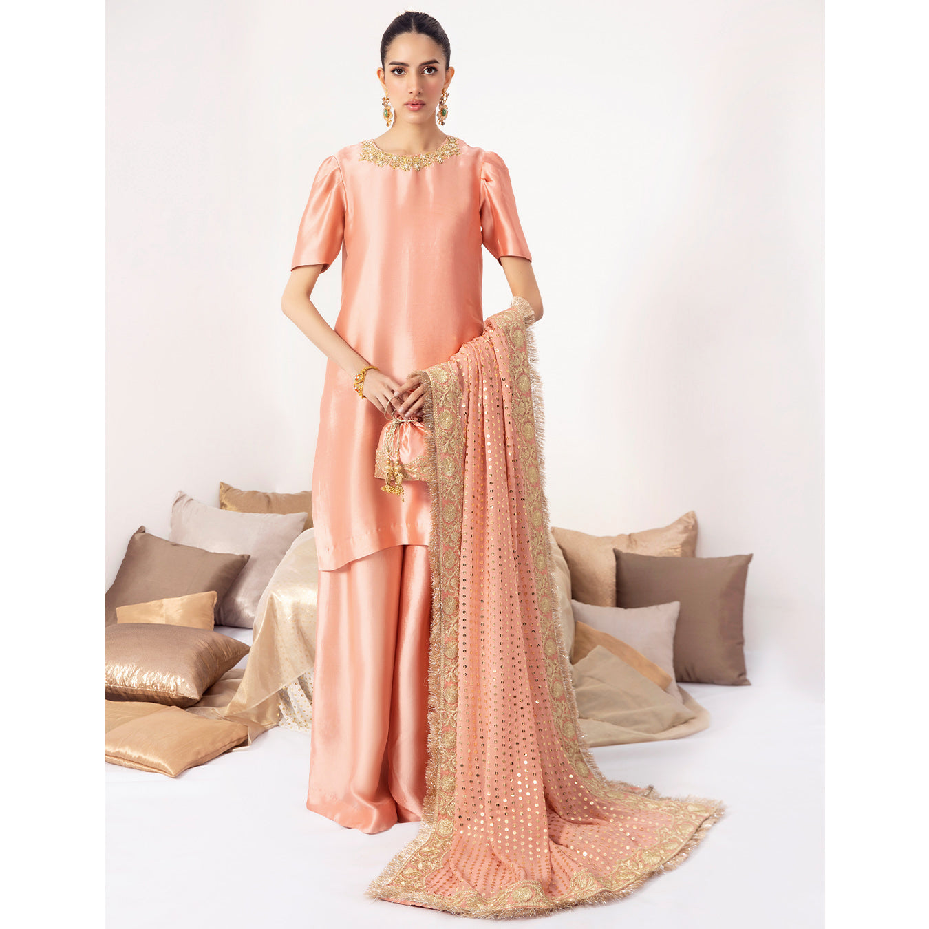 MANHA | Peach Embellished Silk Kalidar Pishwas