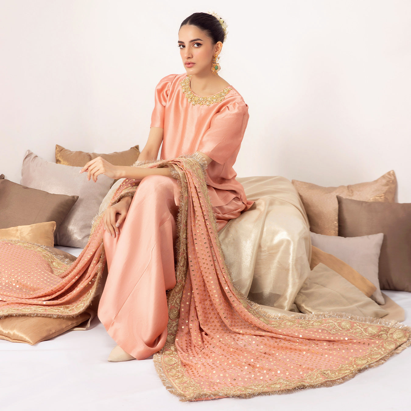 MANHA | Peach Embellished Silk Kalidar Pishwas