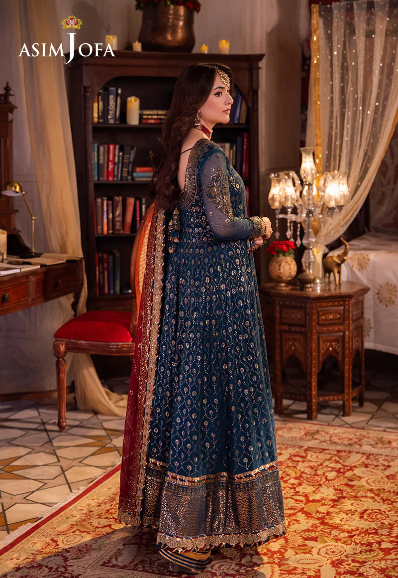 Asim Jofa | Teal Embroidered Chiffon Angrakha