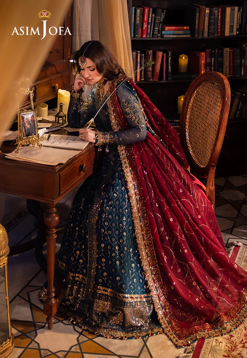 Asim Jofa | Teal Embroidered Chiffon Angrakha