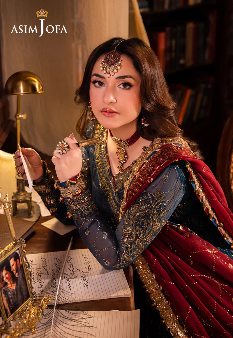 Asim Jofa | Teal Embroidered Chiffon Angrakha