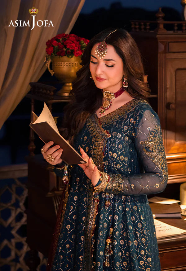 Asim Jofa | Teal Embroidered Chiffon Angrakha