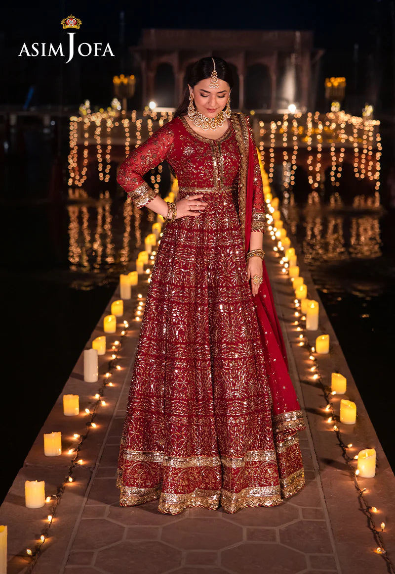 Asim Jofa | Red Embroidered Embellished Chiffon Gown