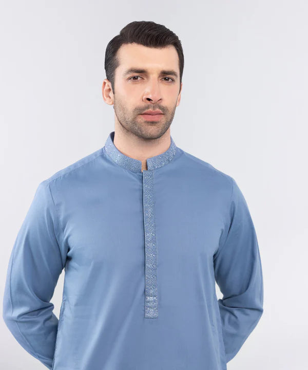 2 Piece | Blue Embroidered Cotton Kurta Shalwar