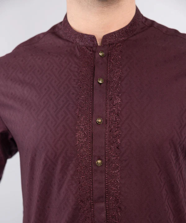 2 Piece | Maroon Embroidered Cotton Jacquard Kurta Pyjama