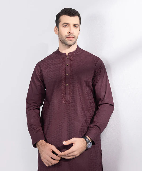 2 Piece | Maroon Embroidered Cotton Jacquard Kurta Pyjama