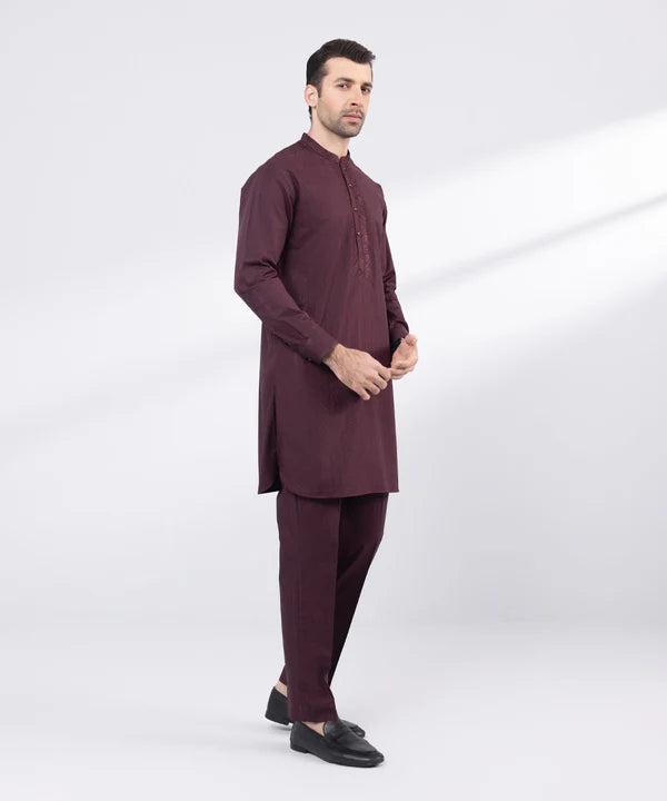 2 Piece | Maroon Embroidered Cotton Jacquard Kurta Pyjama