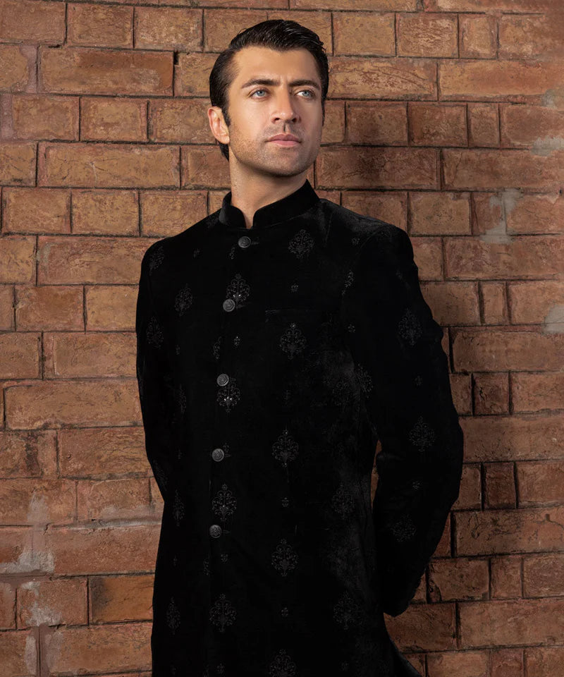 Sherwani | Black Velvet Embroidered Luxury Sherwani