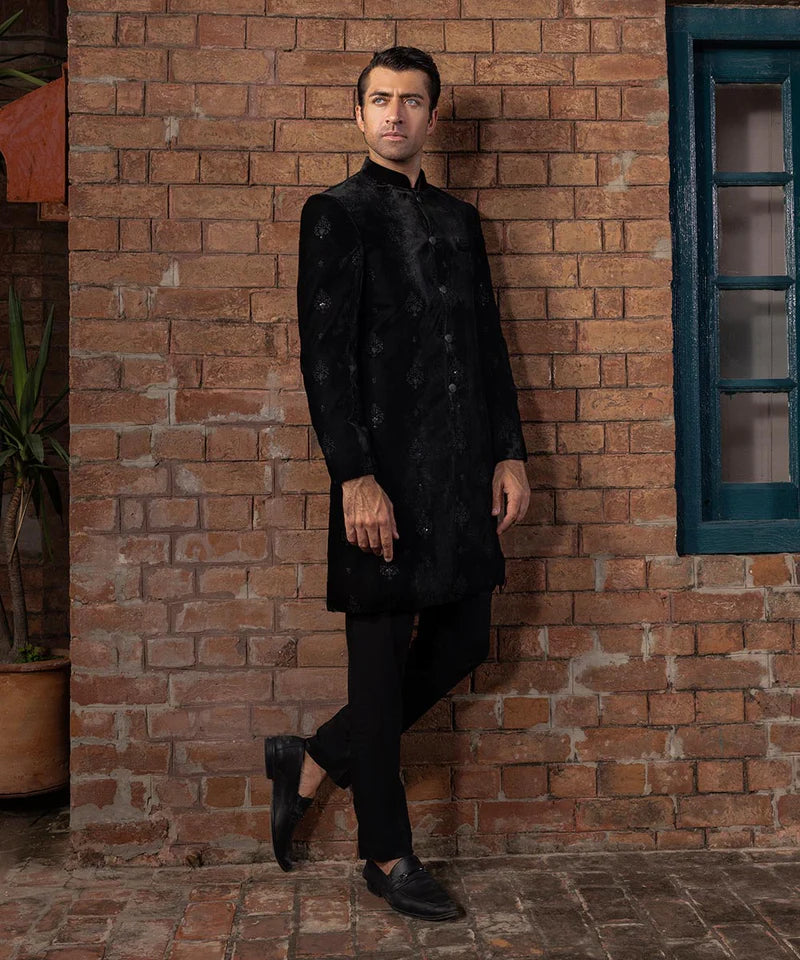 Sherwani | Black Velvet Embroidered Luxury Sherwani