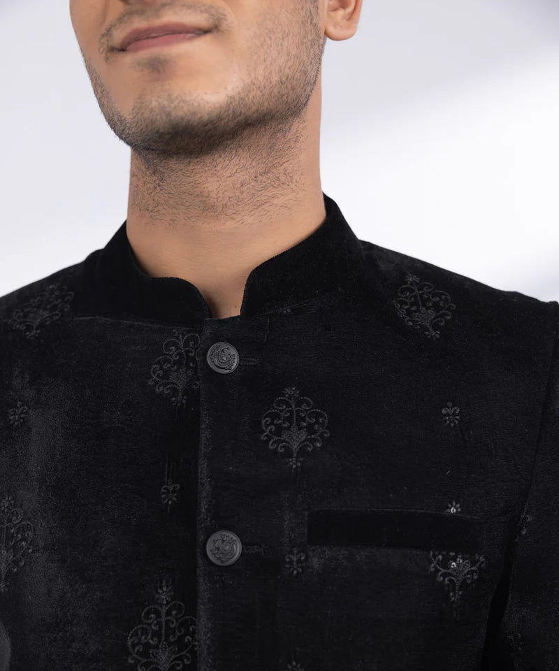 Sherwani | Black Velvet Embroidered Luxury Sherwani