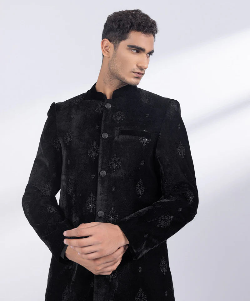 Sherwani | Black Velvet Embroidered Luxury Sherwani