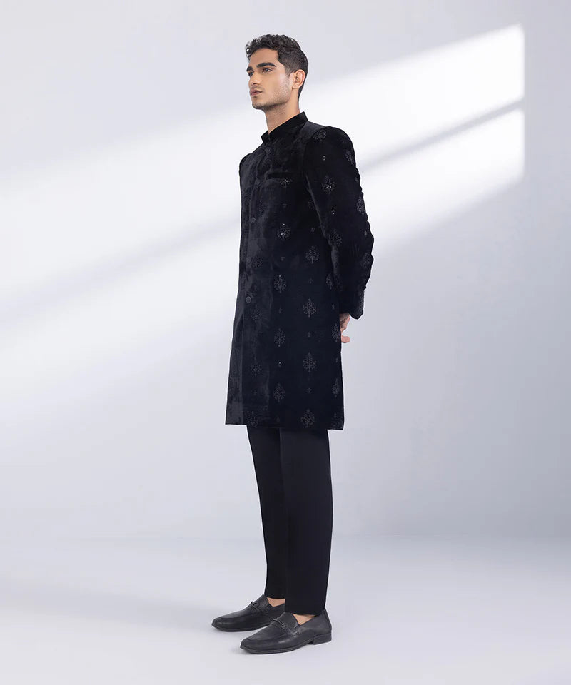 Sherwani | Black Velvet Embroidered Luxury Sherwani