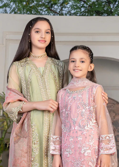 Malhaar | Girls Green Organza Embroidered Dress