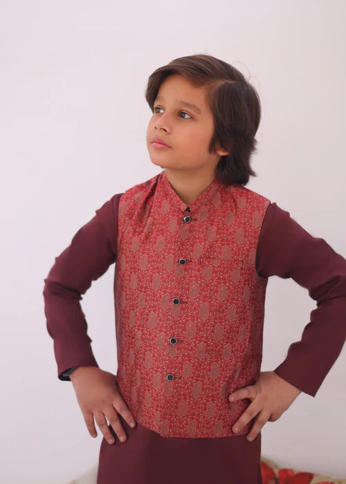3 Piece | Boys Maroon Red Waistcoat Set