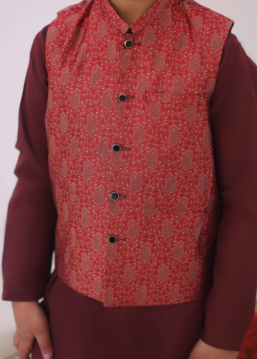 3 Piece | Boys Maroon Red Waistcoat Set